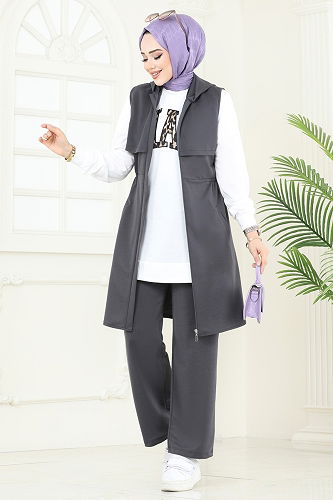 moda selvim طقم رمادي غامق 2619SL432 - Thumbnail