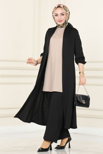 moda selvim طقم أسود وبيج 2649ASMK1074 - Thumbnail