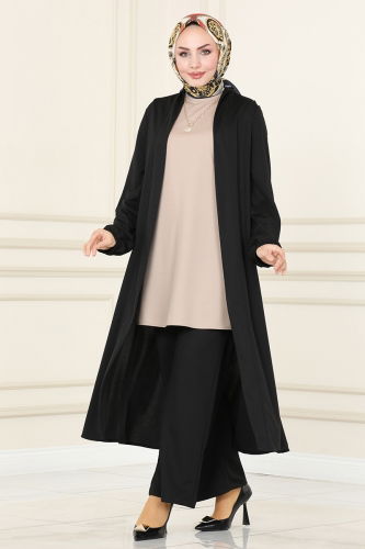 moda selvim طقم أسود وبيج 2649ASMK1074 - Thumbnail