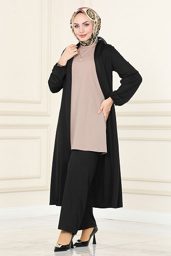 moda selvim طقم أسود وبيج 2649ASMK1074 - Thumbnail