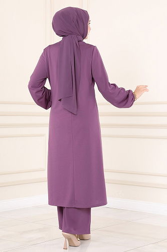 moda selvim طقم ليلكي وبيج 2649ASMK1074 - Thumbnail