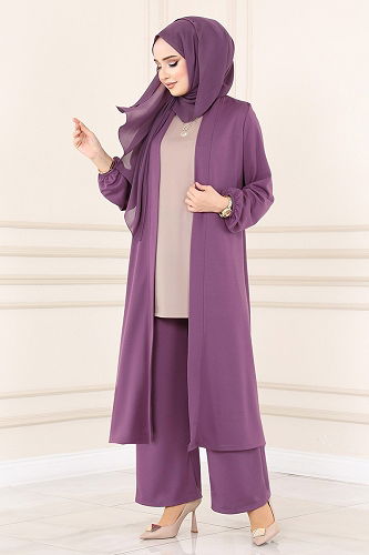 moda selvim طقم ليلكي وبيج 2649ASMK1074 - Thumbnail