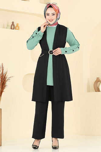 moda selvim طقم أسود أخضر باهت 2660SL432 - Thumbnail