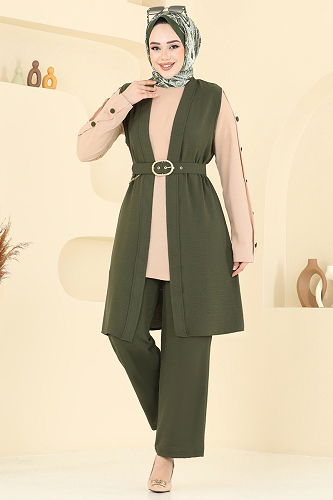 moda selvim طقم أخضر عفني و بيج 2660SL432 - Thumbnail