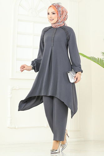 moda selvim طقم رمادي غامق 2684SL432 - Thumbnail