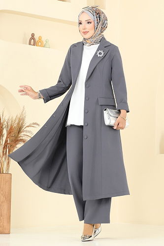 moda selvim طقم رمادي غامق 2685SL432 - Thumbnail