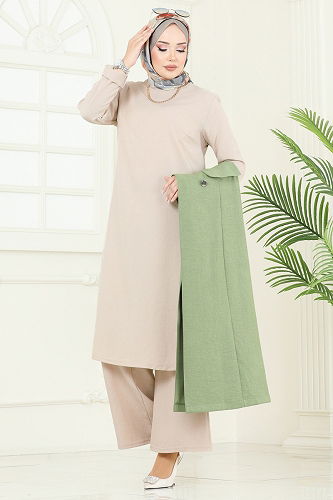 moda selvim طقم أخضر عشبي وبيج 2699SL432 - Thumbnail