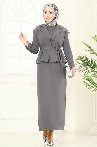 moda selvim طقم رمادي غامق 2709SL432 - Thumbnail