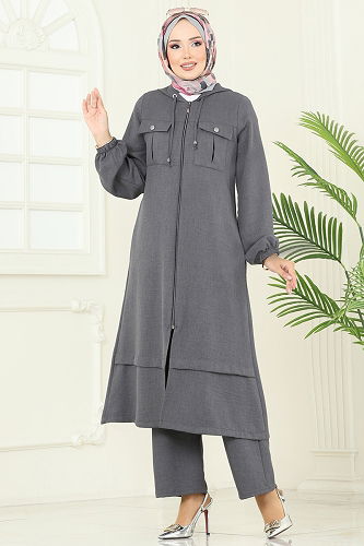 moda selvim طقم رمادي غامق 2715SL432 - Thumbnail