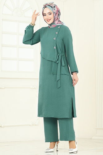 moda selvim طقم أخضر باهت غامق 2719SL432 - Thumbnail