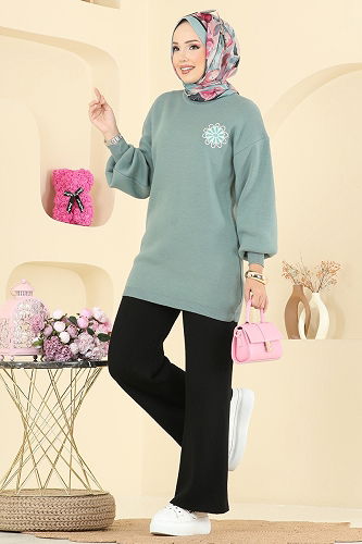 moda selvim طقم أخضر باهت وأسود 2724AYD574 - Thumbnail