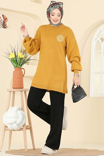 moda selvim طقم خردلي وأسود 2724AYD574 - Thumbnail