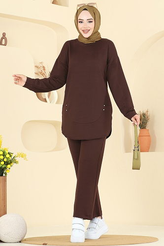 moda selvim طقم بني غامق 2728AYD574 - Thumbnail