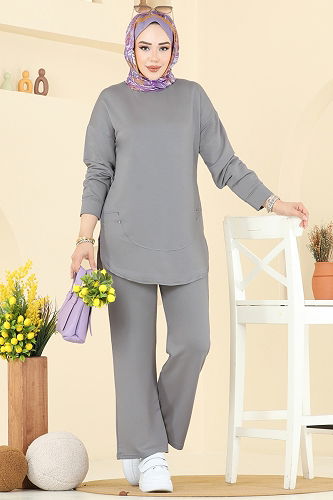 moda selvim طقم رمادي غامق 2728AYD574 - Thumbnail