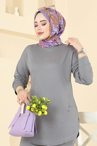 moda selvim طقم رمادي غامق 2728AYD574 - Thumbnail
