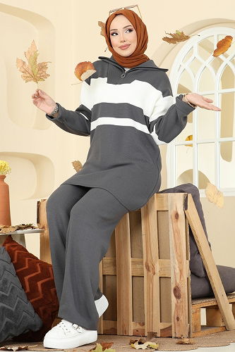 moda selvim طقم رمادي غامق 2738AYD574 - Thumbnail