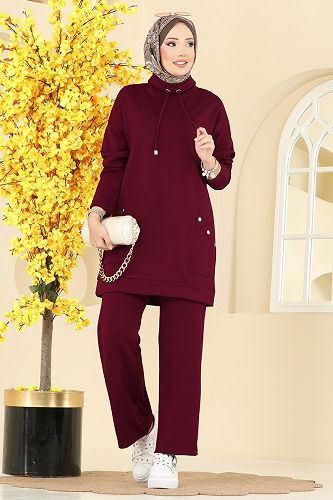 moda selvim طقم خمري غامق 2742AYD574 - Thumbnail