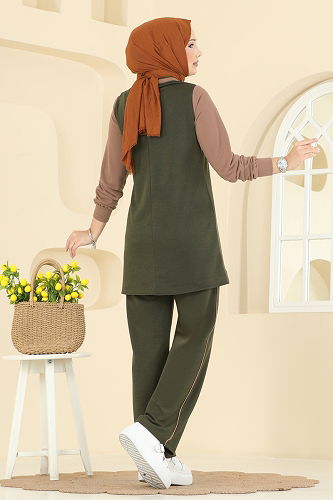 moda selvim طقم أخضر عفني وبيج غامق 2750SL432 - Thumbnail