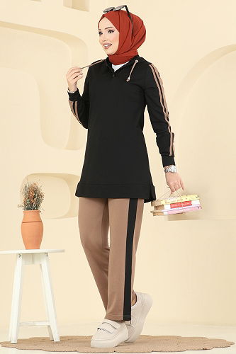 moda selvim طقم أسود وبيج غامق 2751SL432 - Thumbnail