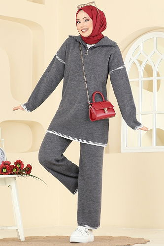 moda selvim طقم رمادي غامق 2759AYD574 - Thumbnail