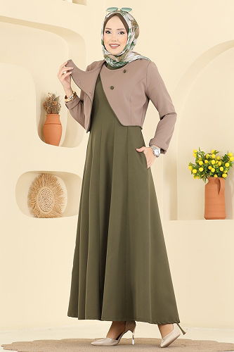 moda selvim طقم بيج غامق واخضر عفني 2782SL432 - Thumbnail