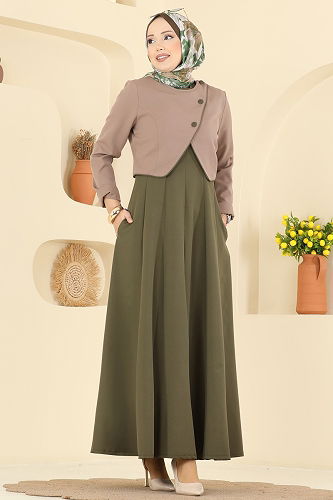 moda selvim طقم بيج غامق واخضر عفني 2782SL432 - Thumbnail