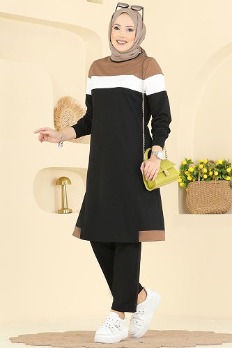 moda selvim طقم أسود وبيج غامق 2794SL432 - Thumbnail