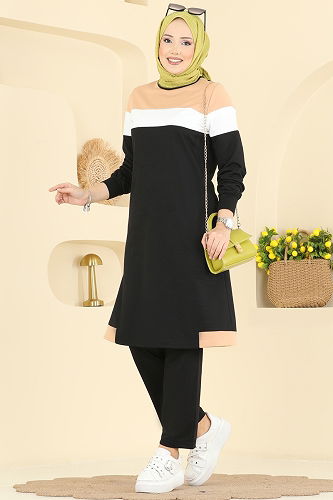 moda selvim طقم أسود وبيج 2794SL432 - Thumbnail