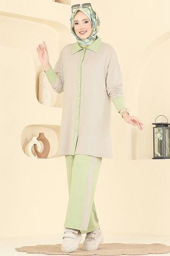 moda selvim طقم أخضر عشبي وبيج 2800AYD574 - Thumbnail