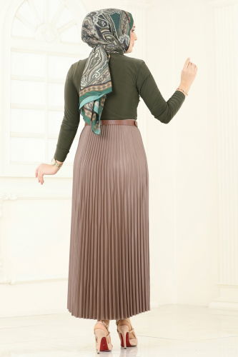 moda selvim طقم أخضر عفني غامق وبيج 2802MP806 - Thumbnail