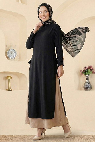 moda selvim طقم أسود وبيج غامق 2811SL432 - Thumbnail