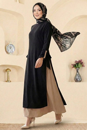 moda selvim طقم أسود وبيج غامق 2811SL432 - Thumbnail