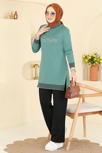 moda selvim طقم أخضر باهت 2823SLK540 - Thumbnail