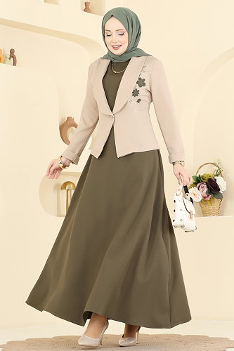 moda selvim طقم أخضر عفني و بيج 2828SL432 - Thumbnail