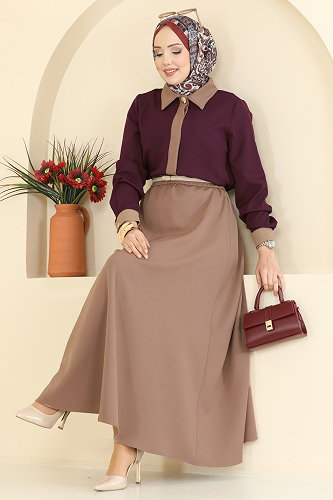 moda selvim طقم خمري وبيج 2852SLK540 - Thumbnail