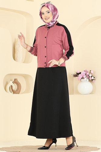 moda selvim طقم وردي غامق وأسود 2858SL432 - Thumbnail