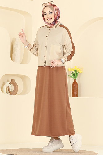 moda selvim طقم بيج ووردي 2858SL432 - Thumbnail