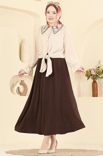 moda selvim طقم بني غامق & بيج 2877SLK540 - Thumbnail