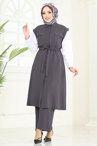 moda selvim طقم رمادي غامق 3017BLU797 - Thumbnail