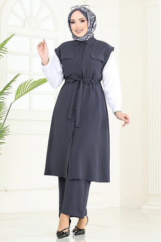 moda selvim طقم رمادي غامق 3017BLU797 - Thumbnail