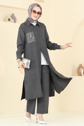 moda selvim طقم رمادي غامق 3087HBS856 - Thumbnail