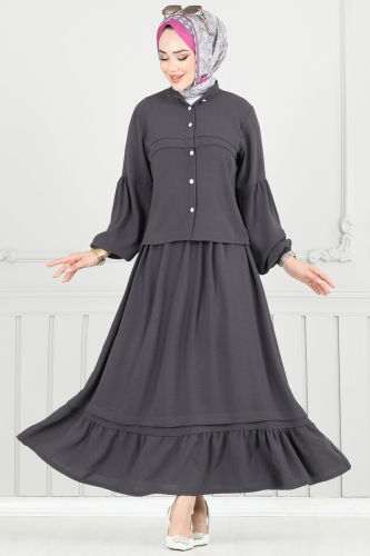 moda selvim طقم رمادي غامق 3094HBS856 - Thumbnail