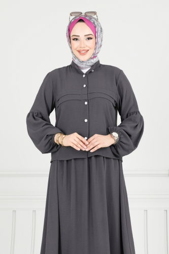 moda selvim طقم رمادي غامق 3094HBS856 - Thumbnail