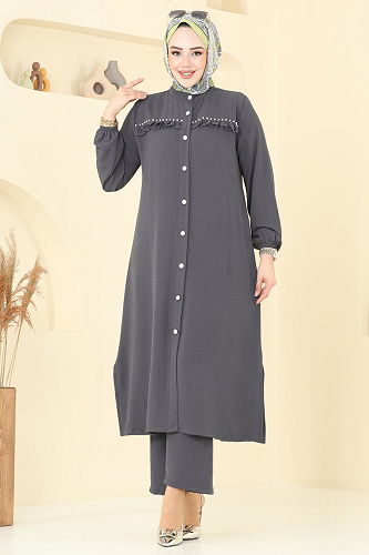 moda selvim طقم رمادي غامق 3098HBS856 - Thumbnail