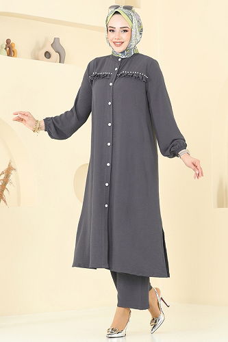 moda selvim طقم رمادي غامق 3098HBS856 - Thumbnail