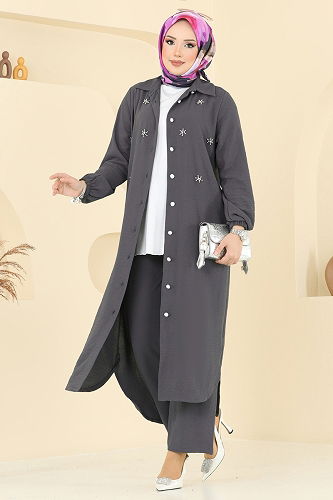 moda selvim طقم رمادي غامق 3099HBS856 - Thumbnail