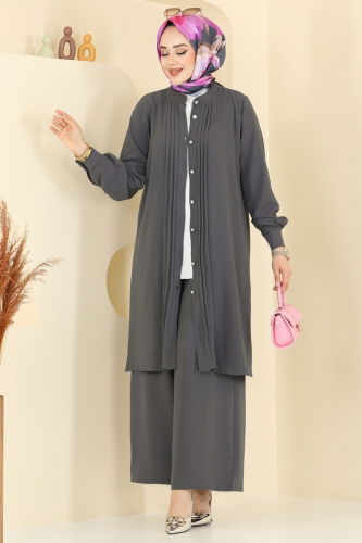 moda selvim طقم رمادي غامق 3104HBS856 - Thumbnail