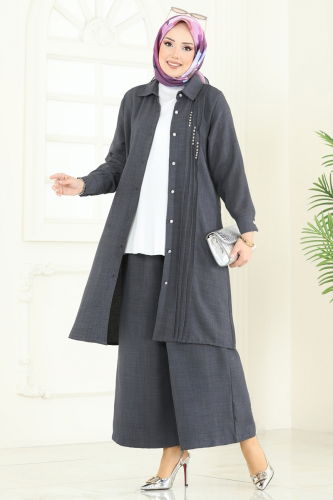 moda selvim طقم رمادي غامق 3105HBS856 - Thumbnail