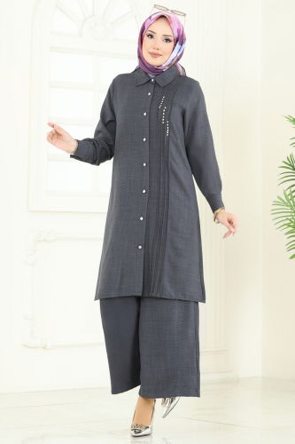 moda selvim طقم رمادي غامق 3105HBS856 - Thumbnail