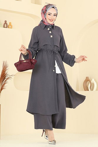 moda selvim طقم رمادي غامق 3112HBS856 - Thumbnail